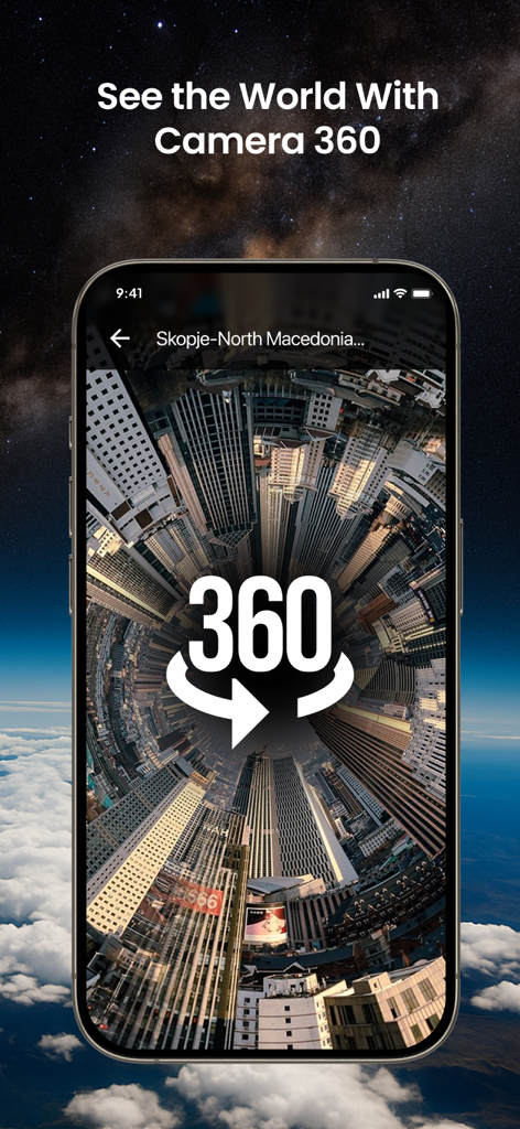 Eine 360-Grad-Panorama-Kameraansicht einer Stadtsilhouette in der Mappa-App