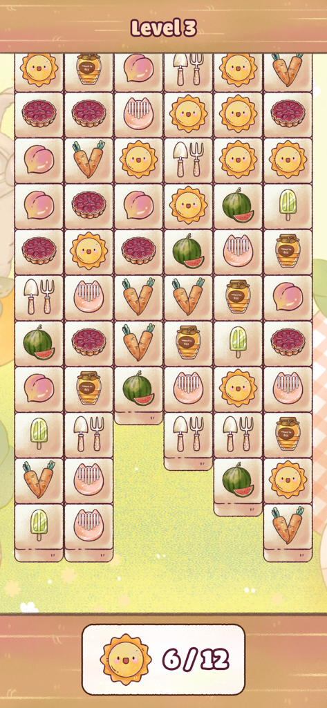 My Cozy Life - Uno schermo di My Cozy Life che mostra un puzzle di abbinamento tessere con simpatiche icone pastello di soli, frutta e attrezzi da giardino.