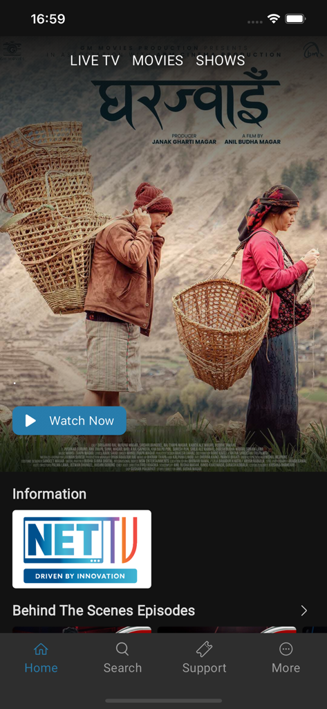 NetTV - NetTV mobile app interface displaying a featured Nepalese movie poster with live TV and movie options