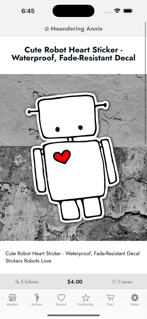 Mayhem Marketplace - Mayhem Marketplace app showing a cute robot heart sticker product page by Meandering Annie