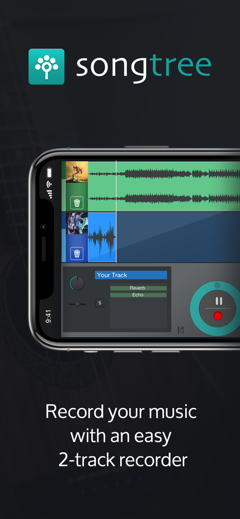 App mobile Songtree che mostra l'interfaccia di un registratore musicale a due tracce