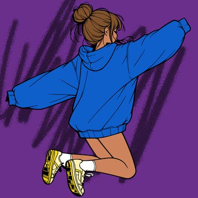 realistic girl jumping with a bun and oversized sweatshirt