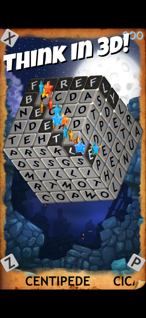 Word Headモバイルアプリで、夜空の上に浮かぶ3Dワードサーチパズルキューブ