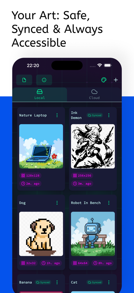 Picell - Pixel Art Editor - Picell app interface displaying a gallery of pixel art projects with cloud syncing and local storage options