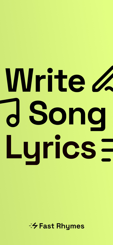 Fast Rhymes Songwriting Studio - Pantalla de bienvenida promocional para Fast Rhymes Songwriting Studio con el texto Escribe Letras de Canciones sobre un fondo verde