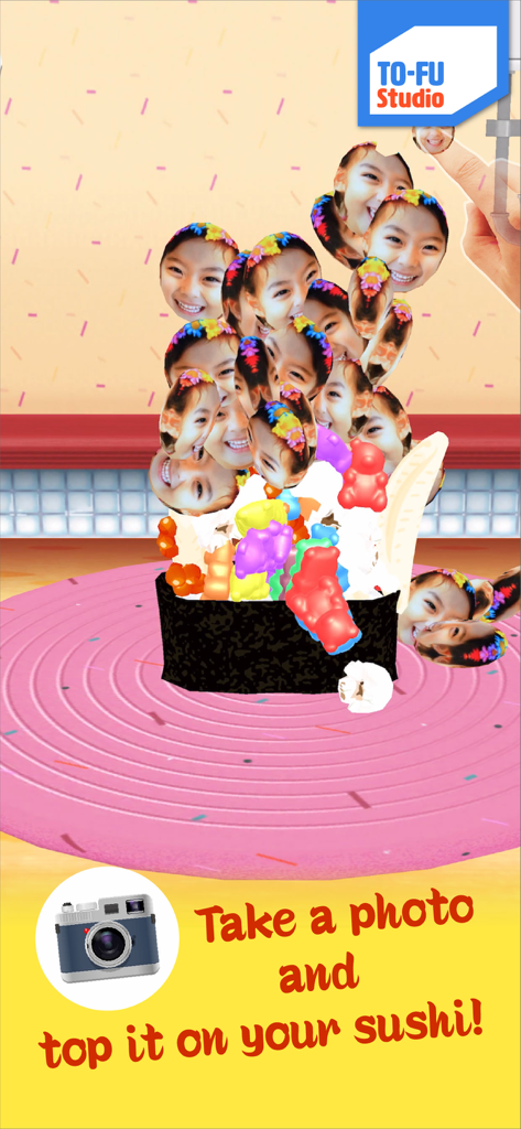 TO-FU Oh!SUSHI 2 - A sushi roll topped with gummy bears and custom photos of a child face demonstrating the creative topping feature in TO-FU Oh!SUSHI 2.