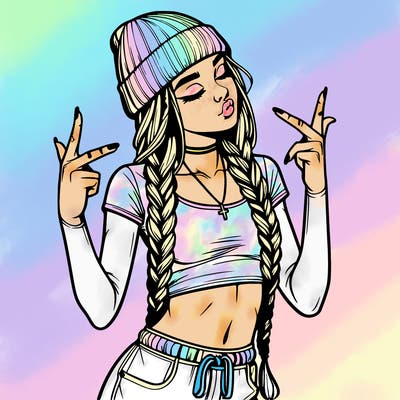 realistic teenage girl with braids and a beanie and crop top doing 🫶🏼