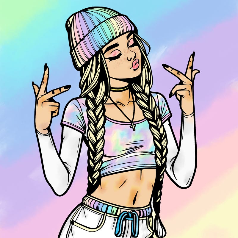 realistic teenage girl with braids and a beanie and crop top doing 🫶🏼