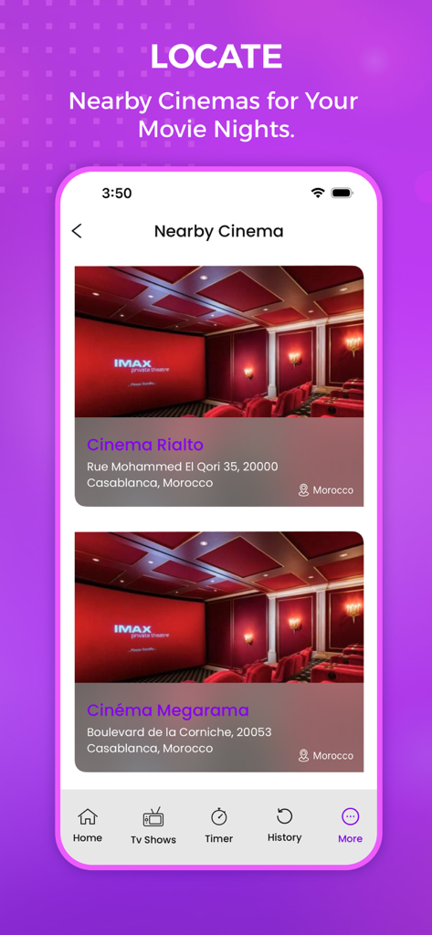 Nearby Cinema Locator Funktion in The tv app, die lokale Kinos anzeigt