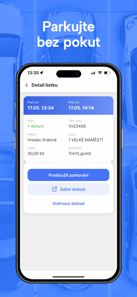 ParkSimply - Smartphone screen displaying an active parking ticket detail in the ParkSimply app with options to extend or download receipt.
