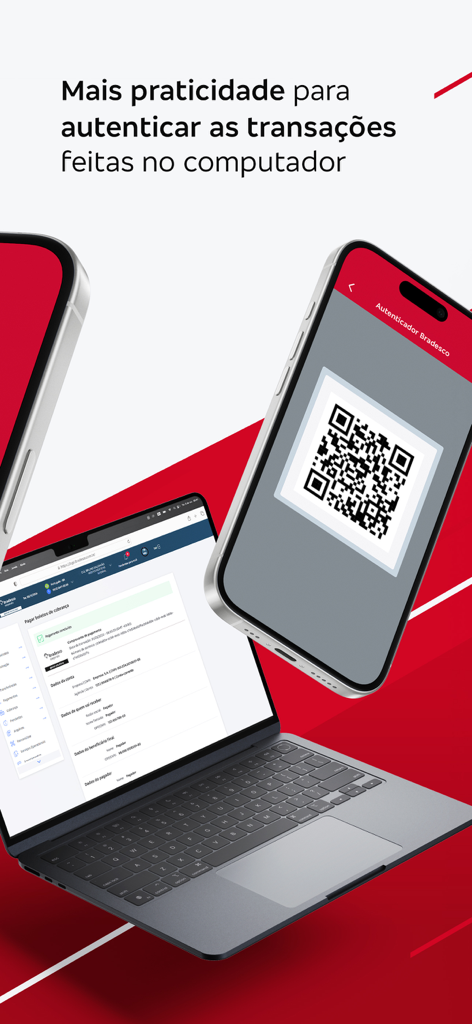 Bradesco Global Solutions - Smartphone displaying a Bradesco Global Solutions QR code for secure corporate transaction authentication on a laptop