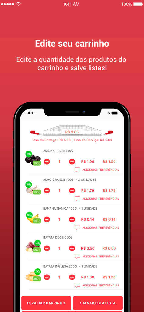 Supermercado Moranguinho - Supermercado Moranguinho app screen showing a grocery shopping cart with various items and prices.