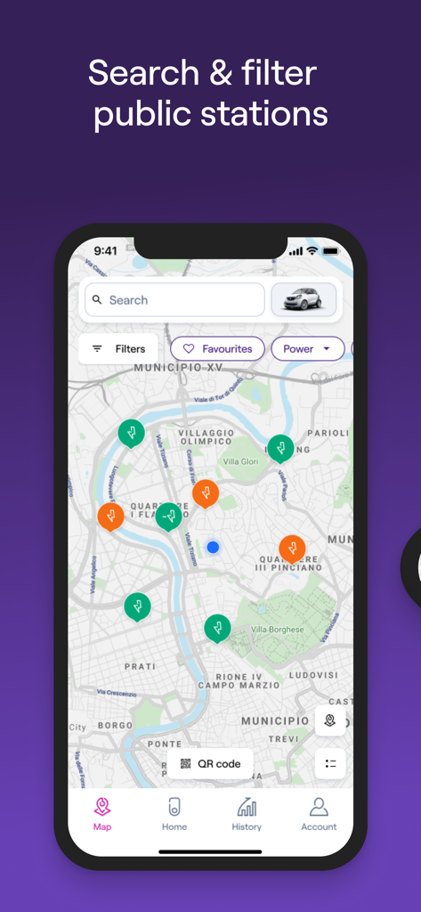 Interfaccia dell'app Enel X Way che mostra una mappa live con stazioni di ricarica per veicoli elettrici pubbliche e filtri di ricerca.