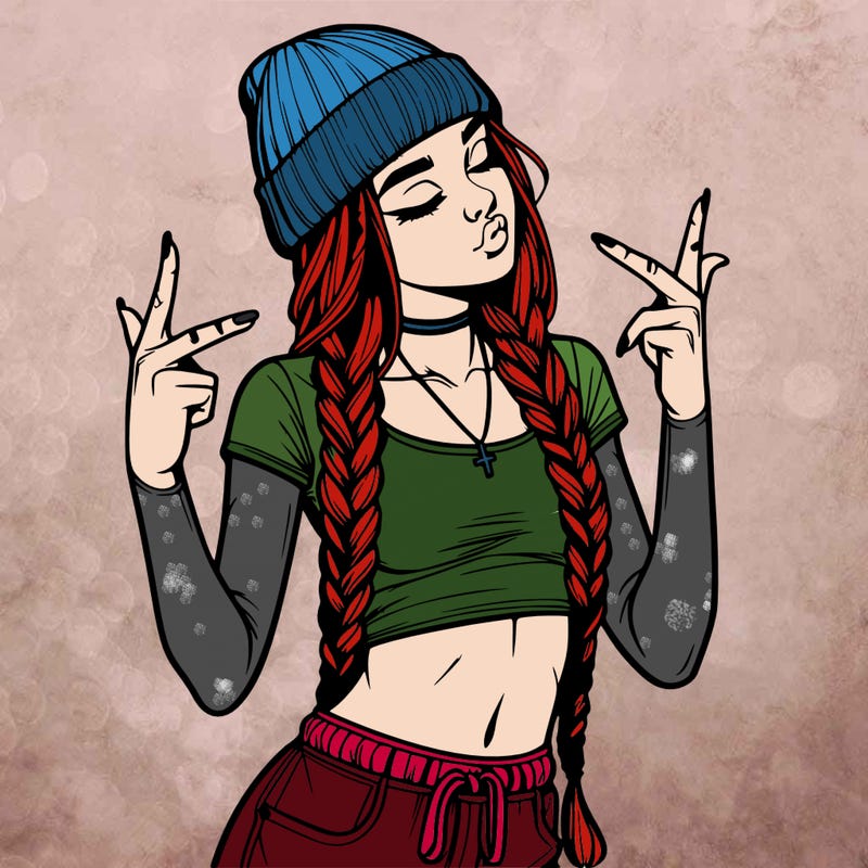 realistic teenage girl with braids and a beanie and crop top doing 🫶🏼