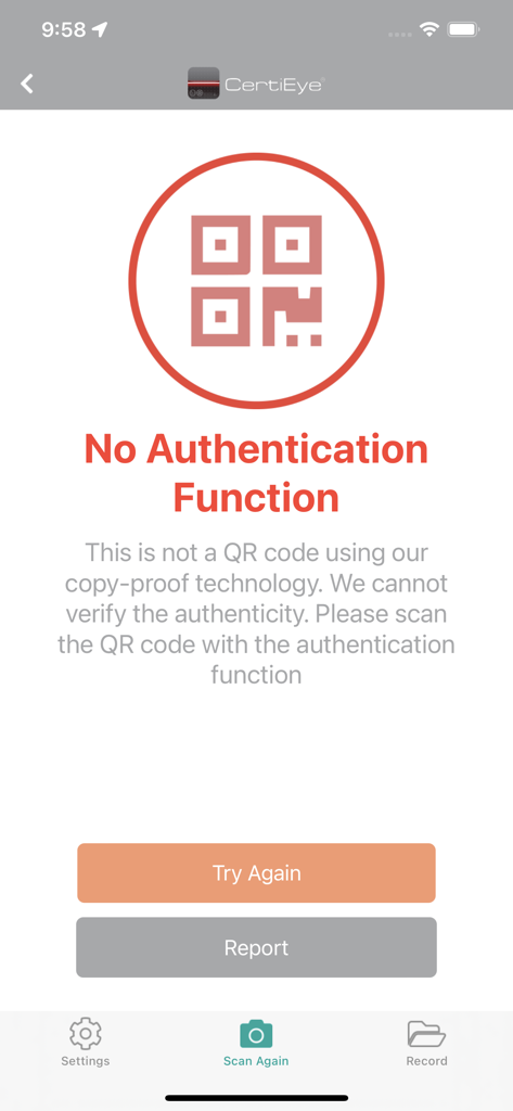 CertiEye app displaying an error message stating that the scanned QR code does not support the authentication function.