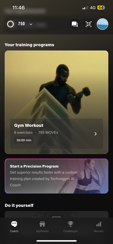 Myfitness Digital - Myfitness Digital app dashboard displaying a personalized gym workout plan and Technogym AI coach option
