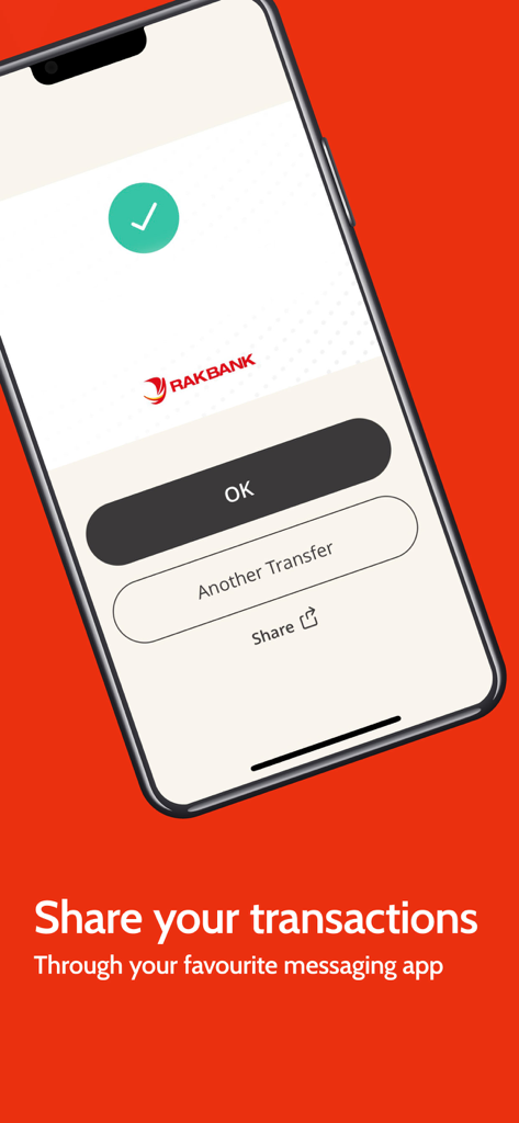 RAKBANK App transaction success screen with option to share via messaging apps