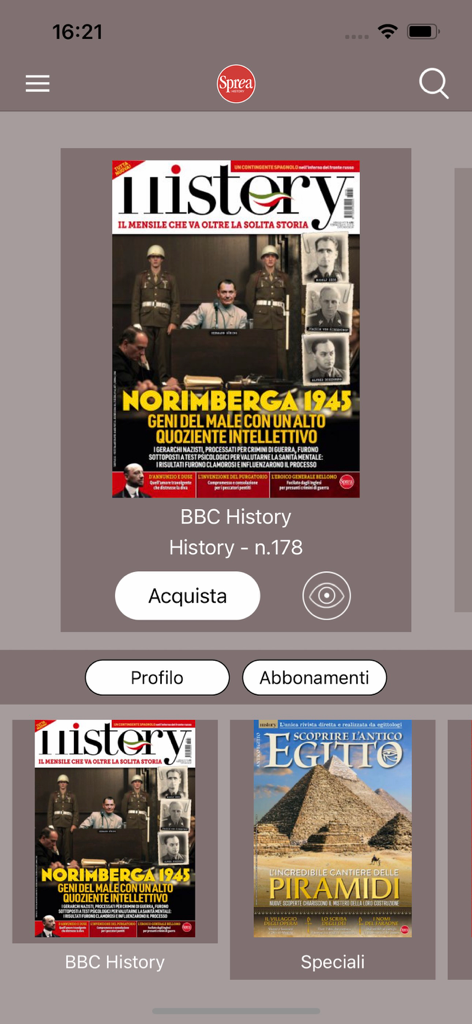 Sprea History - Sprea History app interface showing digital history magazine covers like BBC History and Ancient Egypt