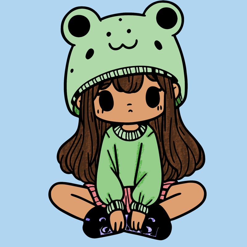 a girl wearing a frog hat and some frog socks