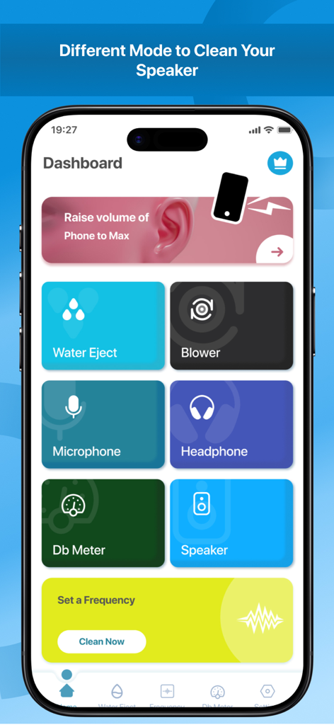 Speaker Cleaner | Water Eject - Panel de control de la aplicación Speaker Cleaner mostrando varias herramientas como Expulsar Agua, Soplador y Prueba de Micrófono.