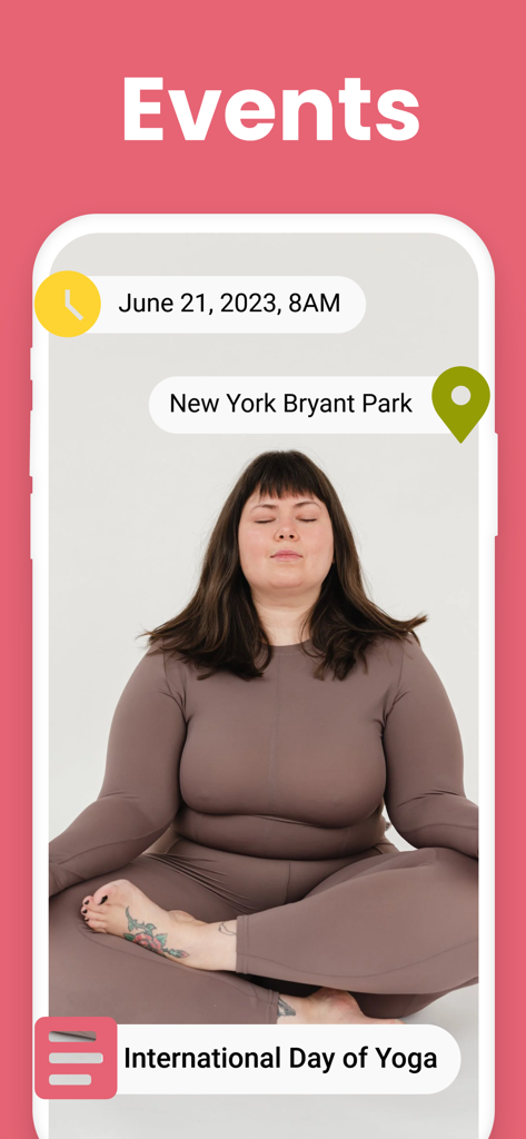 Plus Club: BBW Dating & Chat - Plus Club app screen displaying a local yoga event for plus size people
