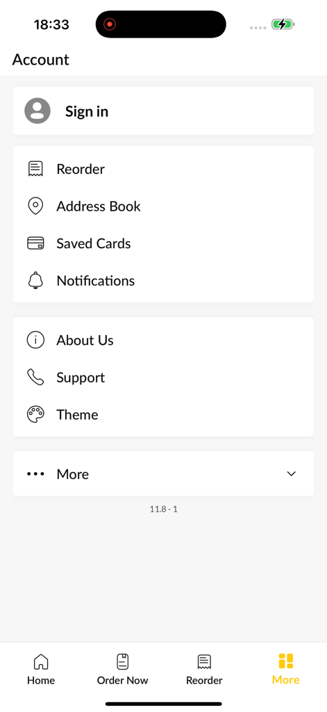 Hungry Tigers - Kontoeinstellungen-Bildschirm der Hungry Tigers Essensliefer-App mit Anmeldeoptionen und Navigationsmenü