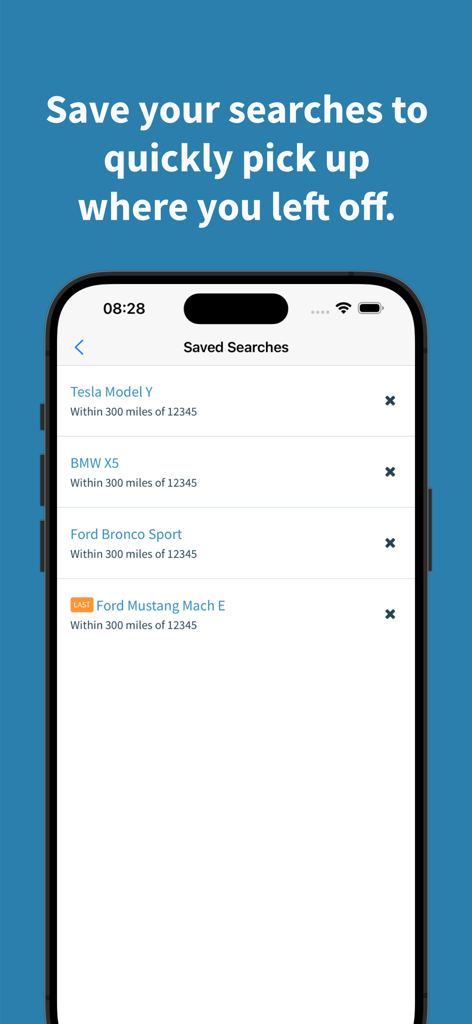 AutoTempest - Car Search - Screenshot of the AutoTempest app showing the saved car searches screen with a list of vehicles like Tesla and BMW.