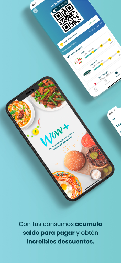 Wow+: ofertas en restaurantes - Pantallas de la aplicación móvil Wow plus que muestran el código QR para recompensas y logotipos de restaurantes.