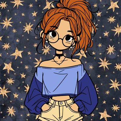 girl with a messy ponytail glasses a baggy crop top and jean shorts