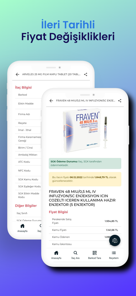 İlaç Fiyatı - A screenshot of the İlaç Fiyatı mobile app showing future dated price changes and detailed drug information in Turkish.