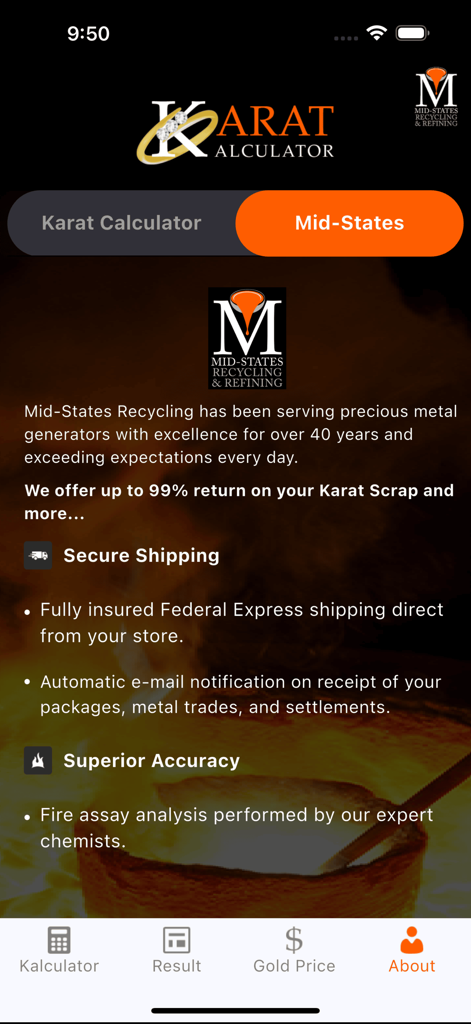 Mid-States Recycling info screen in the Karat Kalculator app highlighting professional gold refining services