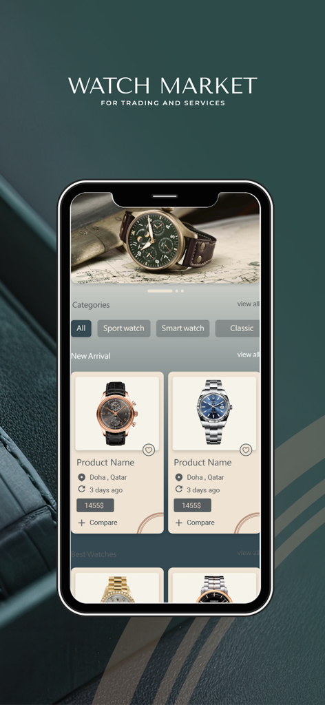 Watch Market App - Interface do aplicativo Watch Market mostrando categorias de relógios de luxo e novas chegadas com detalhes de preço e localização.