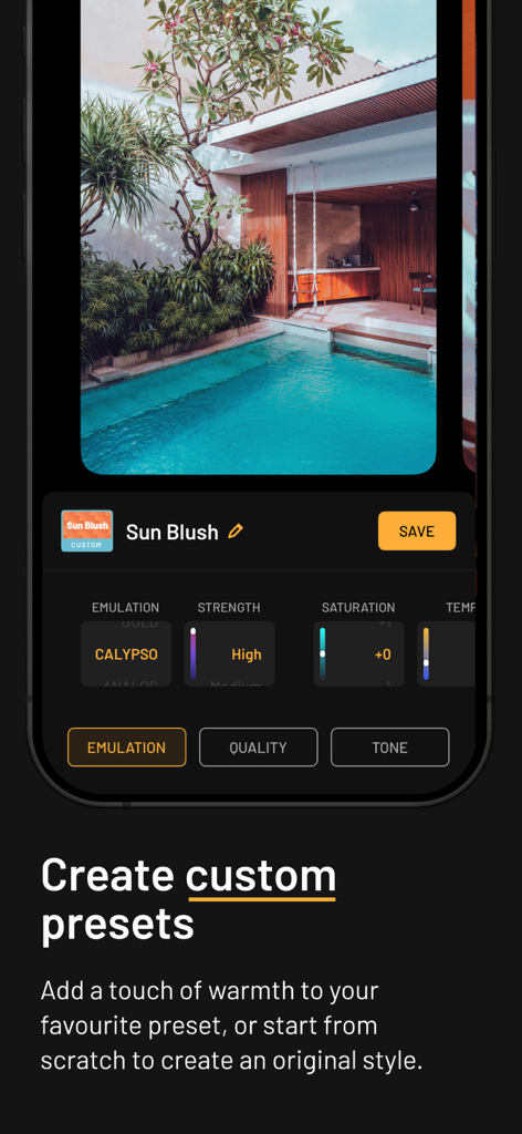 mood.camera - Interface of mood.camera app showing custom preset settings with a tropical pool photo