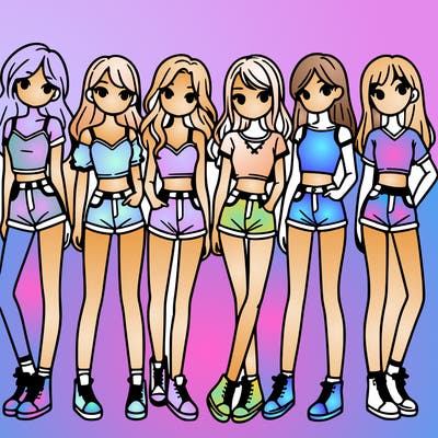 a group of girls wearing crop tops and shorts