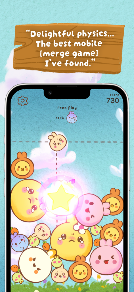 Pop Pop Bunny! Merge Game - Gameplay screenshot of Pop Pop Bunny Merge Game featuring cute round bunnies and a glowing star with a player testimonial