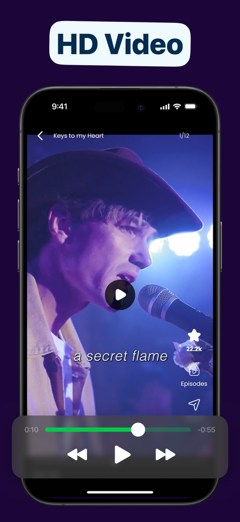 Shortical - Shortical app interface displaying an HD vertical video player with a scene from a short drama titled Keys to my Heart