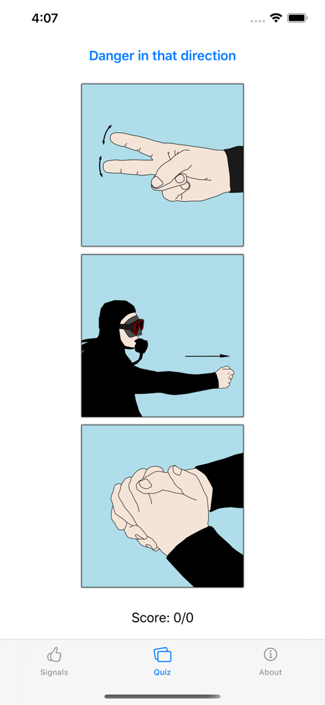 Ein Quiz-Bildschirm einer mobilen App von Tauchzeichen, der eine Frage zum Handzeichen für Gefahr in dieser Richtung mit drei visuellen Optionen zeigt.