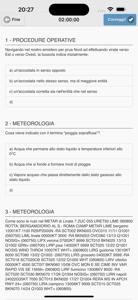 Exam simulation interface of the Quiz PPL(H) Italiano app showing aviation questions on meteorology and operating procedures.