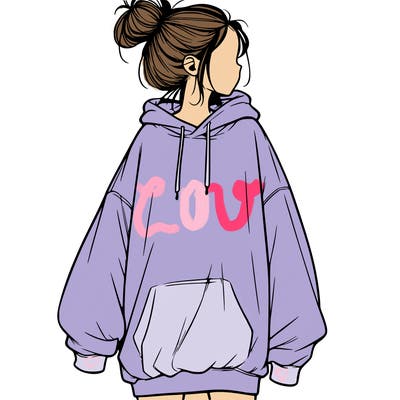 realistic girl with a oversized sweatshirt on and a bun