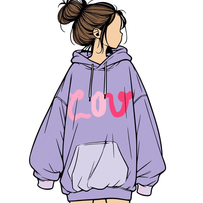 realistic girl with a oversized sweatshirt on and a bun