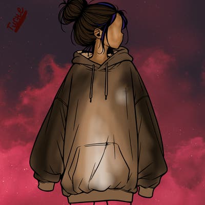 realistic girl with a oversized sweatshirt on and a bun