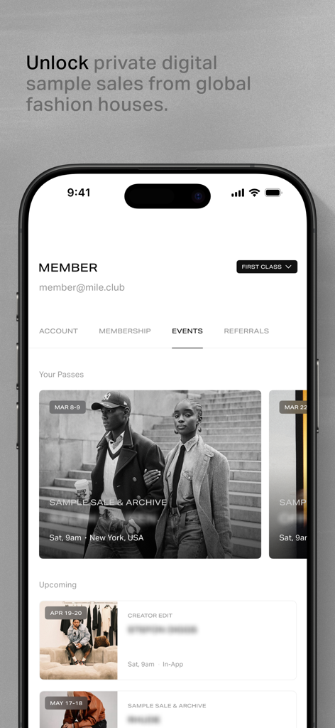 MILE - MILE app Events interface showing digital passes for private luxury sample sales and upcoming fashion drops