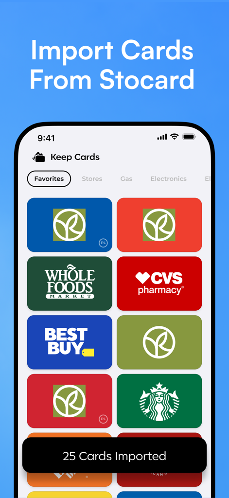 Una schermata mobile che mostra l'importazione batch di carte fedeltà da Stocard all'app Keep Card.