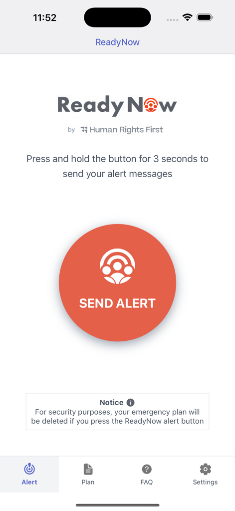 Schermata principale dell'app ReadyNow che mostra un pulsante arancione prominente 'Invia Allarme' e istruzioni per premere e tenere premuto per tre secondi per notificare i contatti di emergenza.