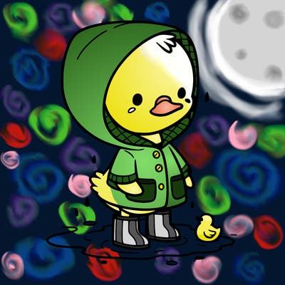 baby duck in a rain coat and boots, in a puddle while it’s raining