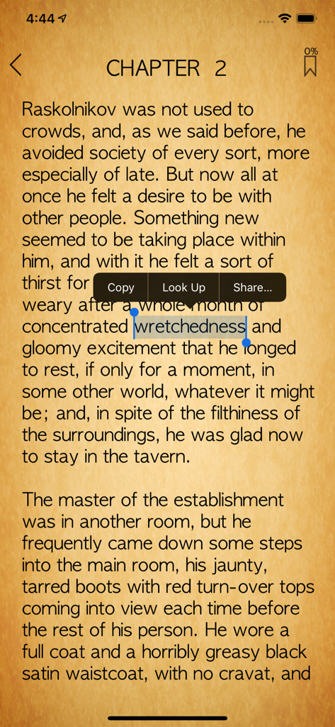 Dostoyevsky - Reading interface of the Dostoyevsky app showing a passage from Crime and Punishment with a selected word and lookup menu