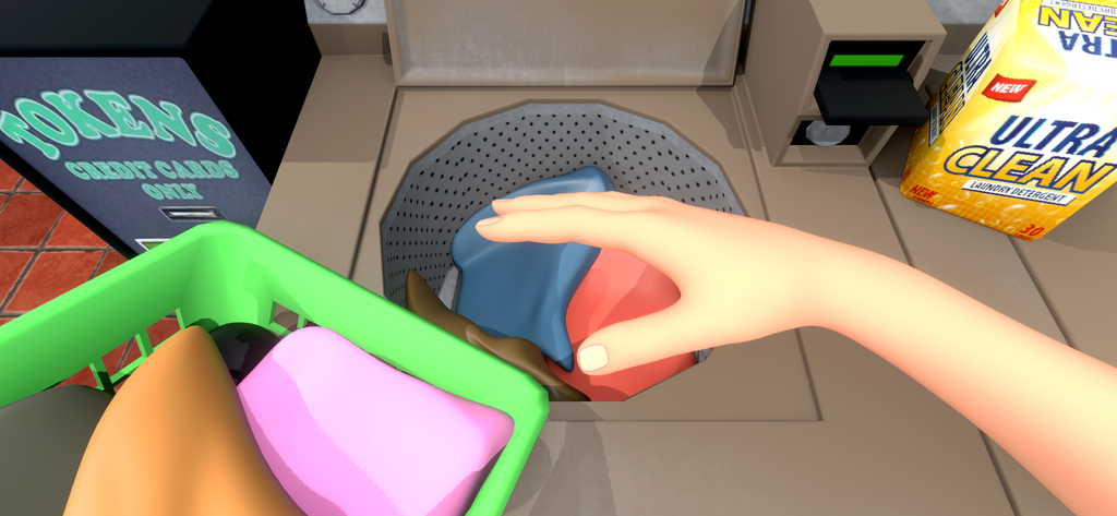 Laundry Games Pressure Washing - Una mano colocando ropa colorida en una lavadora junto a detergente