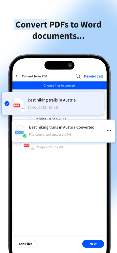 Smallpdf app interface showing a successful conversion of a PDF file to a Word document
