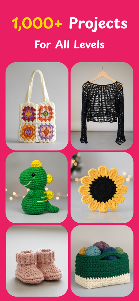 A showcase of diverse crochet projects for all skill levels including clothing, toys, and home decor