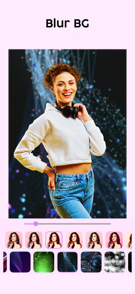 Blur Face - AI Photo Blur - Interface de l'application Flouter Visage montrant les options de flou d'arrière-plan et de filtres.
